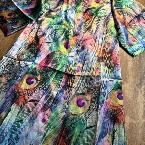 Oriental Village Silk Collection Rainbow Multi Kimono Robe Peacock Print Size OS - Picture 2 of 7